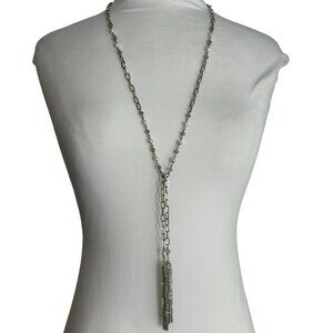 Premier Designs Silver Tone Faux Pearl Tunic Length Chain Necklace Double Tassel